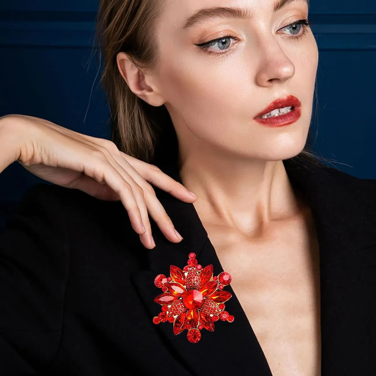 Rhinestone Flower Brooch - Red/Yellow/Blue/Green Crystal - Big Large Wedding Ball Birthday Party Elegant Clothing Hat Bag Accessories Jewelry for Women