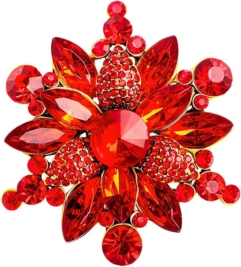 Rhinestone Flower Brooch - Red/Yellow/Blue/Green Crystal - Big Large Wedding Ball Birthday Party Elegant Clothing Hat Bag Accessories Jewelry for Women