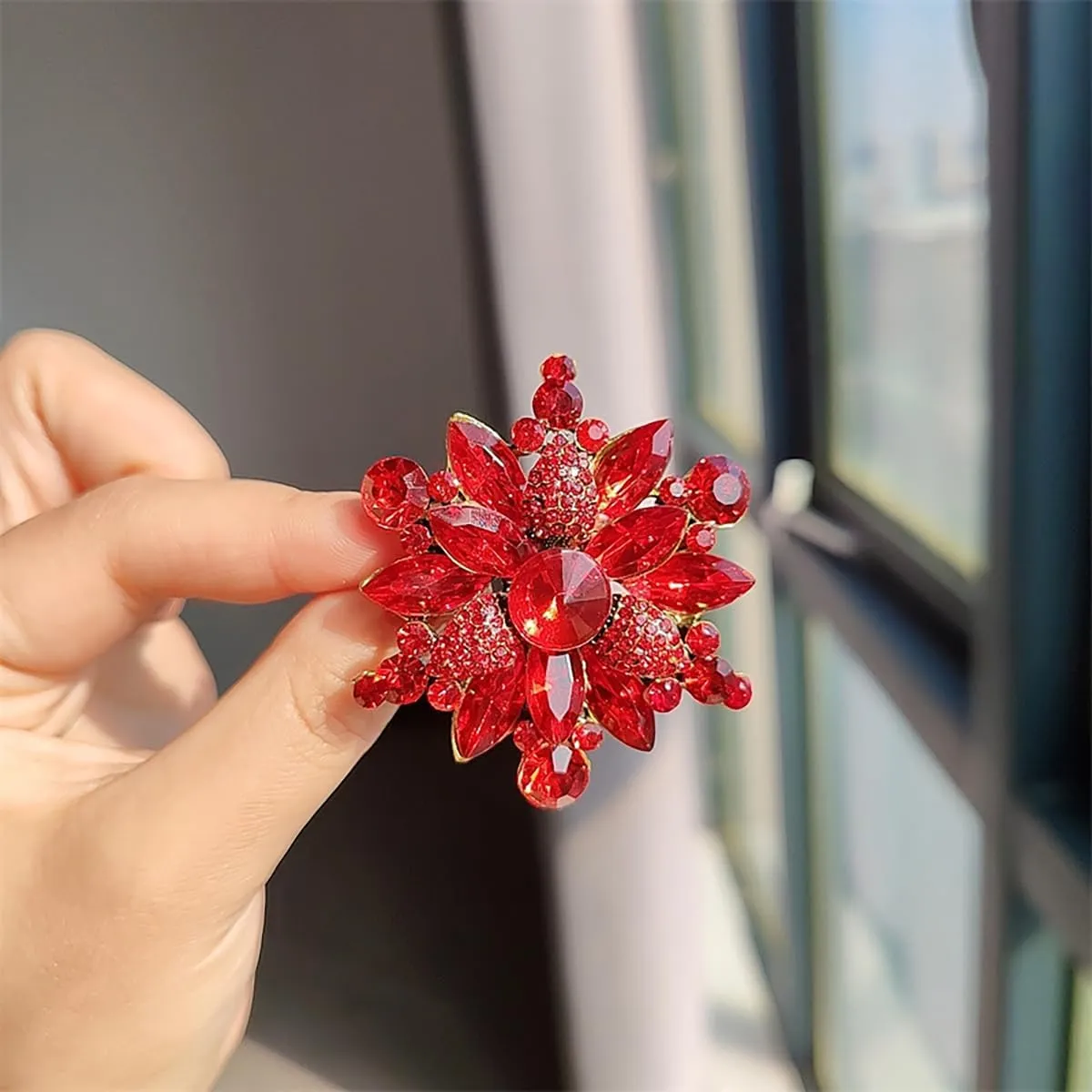 Rhinestone Flower Brooch - Red/Yellow/Blue/Green Crystal - Big Large Wedding Ball Birthday Party Elegant Clothing Hat Bag Accessories Jewelry for Women