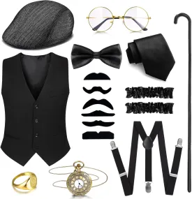 RIOSO 1920s Mens Costume Gatsby Gangster Costume Accessories Set Roaring 20s Outfit for Men