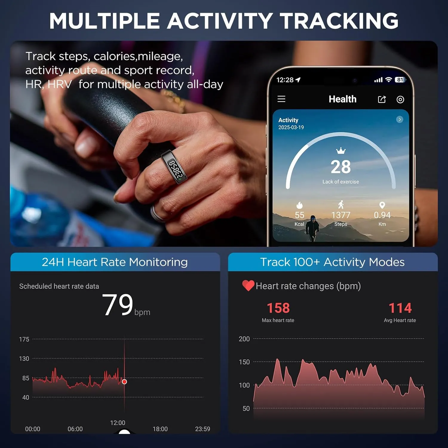 Smart Ring Health Tracker with Display Screen, Sleep Tracker with Heart Rate, Fitness Ring Step Tracker for Activity Monitoring/Steps/Calories,Wireless Charging, for iOS Android (Silver,10#)