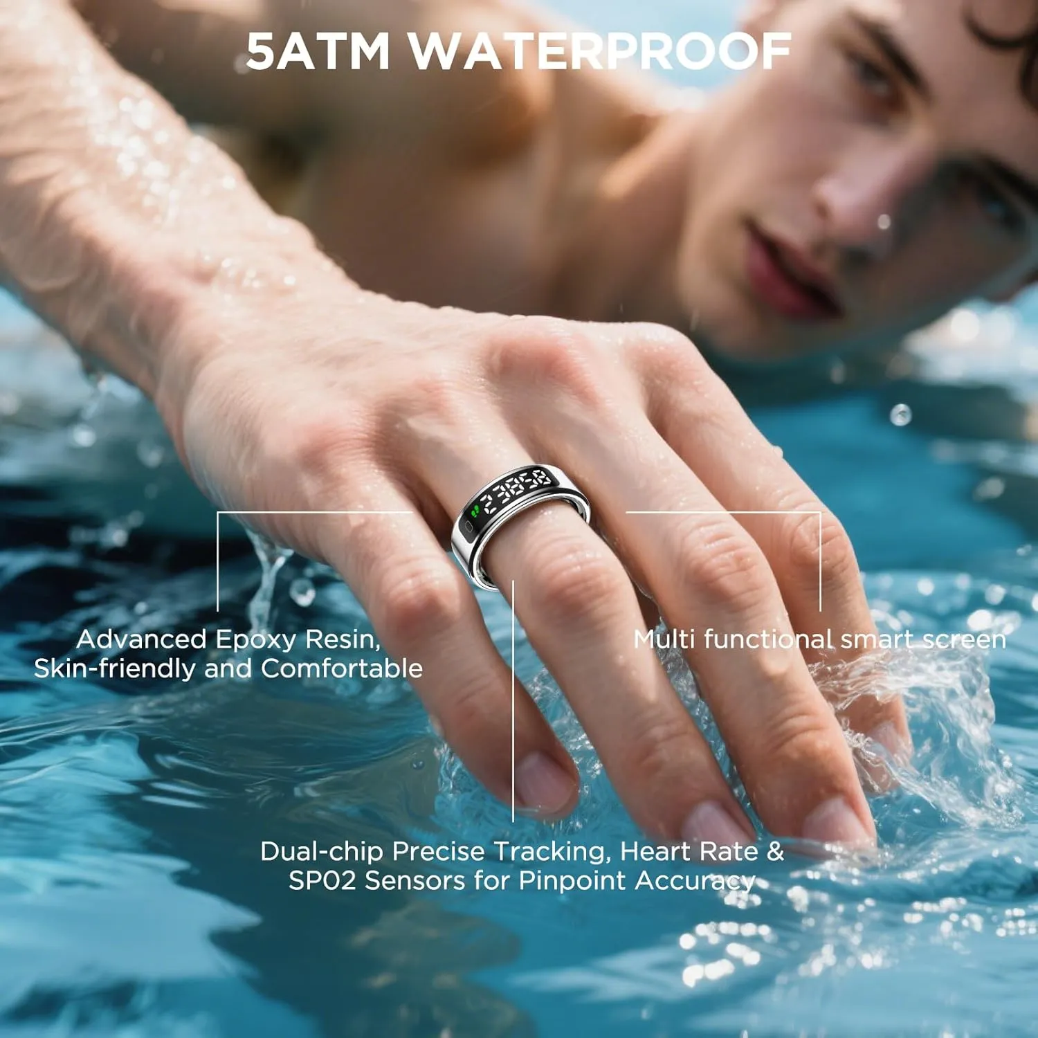Smart Ring Health Tracker with Display Screen, Sleep Tracker with Heart Rate, Fitness Ring Step Tracker for Activity Monitoring/Steps/Calories,Wireless Charging, for iOS Android (Silver,10#)