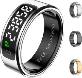 Smart Ring Health Tracker with Display Screen, Sleep Tracker with Heart Rate, Fitness Ring Step Tracker for Activity Monitoring/Steps/Calories,Wireless Charging, for iOS Android (Silver,10#)