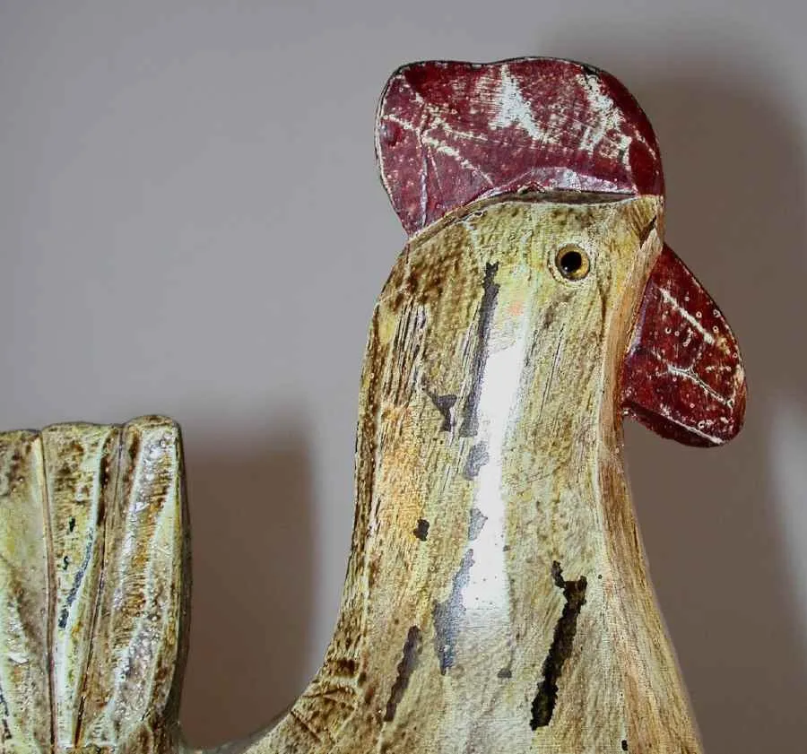 Vintage Hand Carved Polychrome Painted Wooden Primitive Standing Rooster Glass Eyes and Antiqued Surface Unknown Maker
