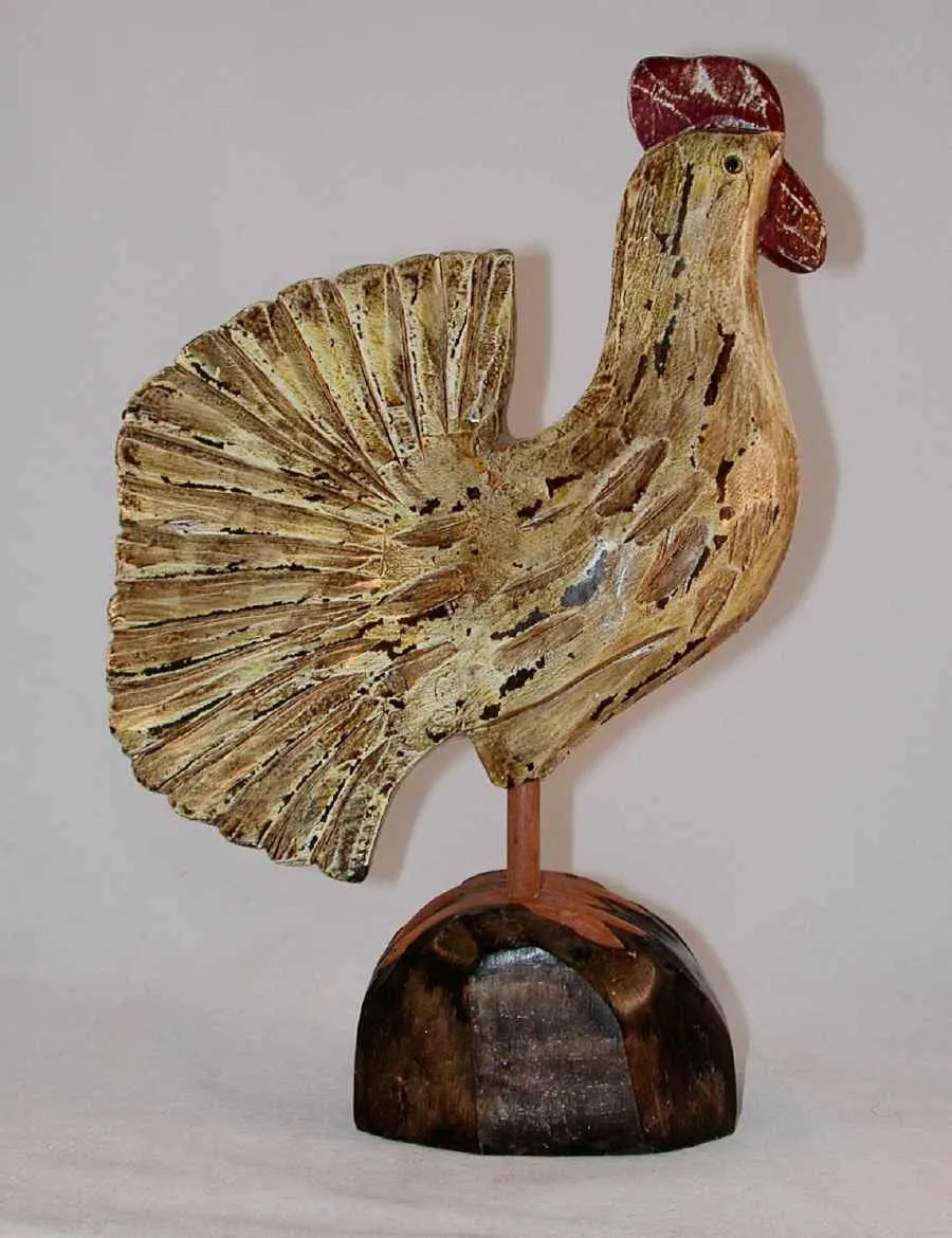Vintage Hand Carved Polychrome Painted Wooden Primitive Standing Rooster Glass Eyes and Antiqued Surface Unknown Maker