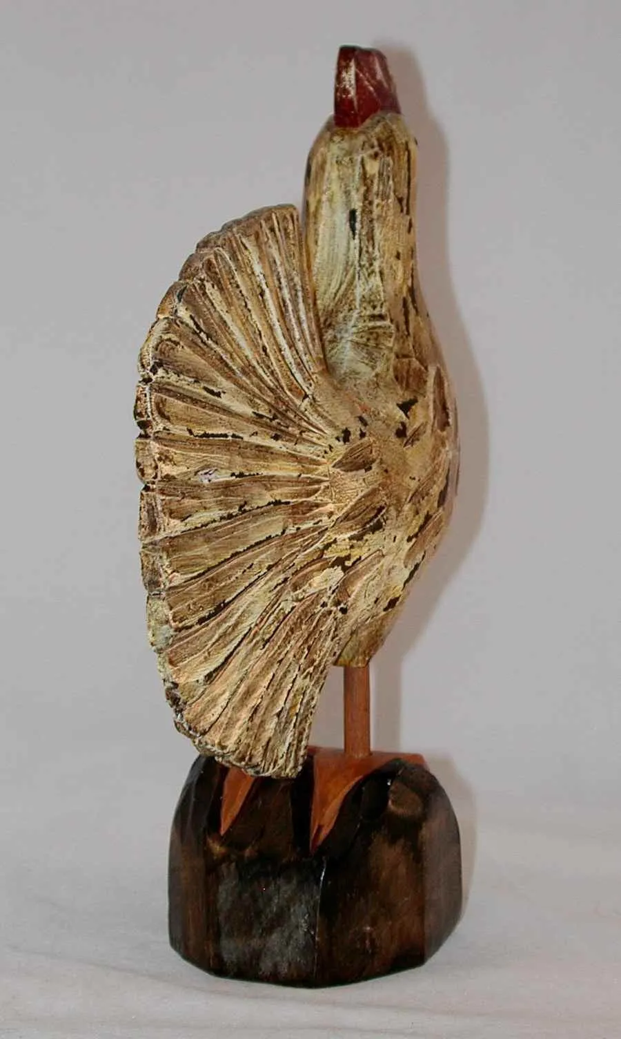 Vintage Hand Carved Polychrome Painted Wooden Primitive Standing Rooster Glass Eyes and Antiqued Surface Unknown Maker