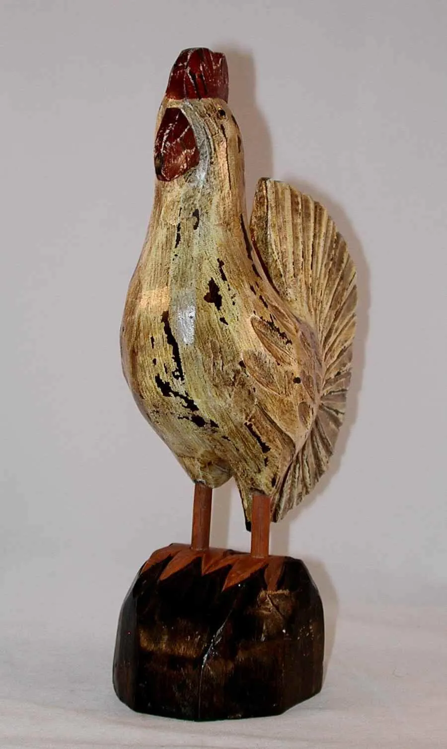 Vintage Hand Carved Polychrome Painted Wooden Primitive Standing Rooster Glass Eyes and Antiqued Surface Unknown Maker