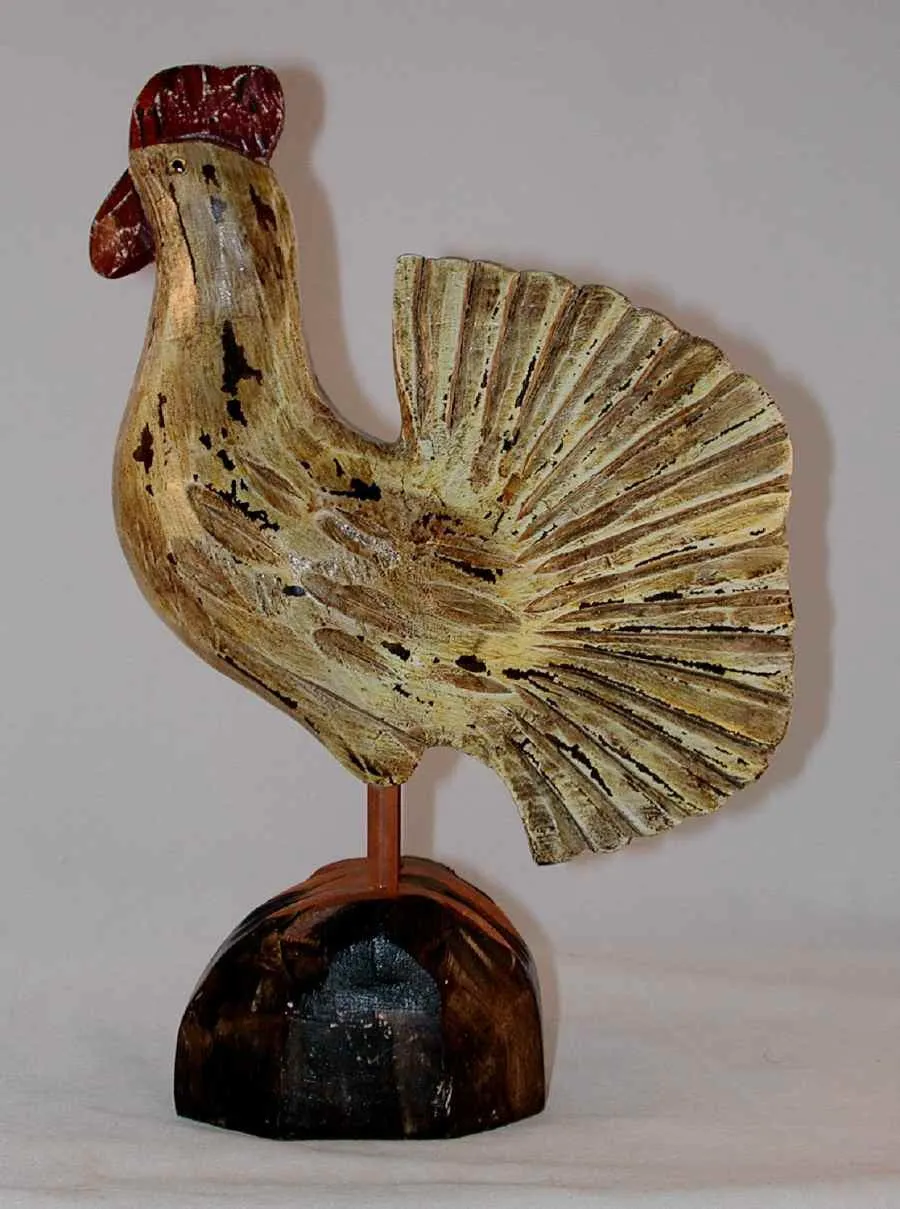 Vintage Hand Carved Polychrome Painted Wooden Primitive Standing Rooster Glass Eyes and Antiqued Surface Unknown Maker