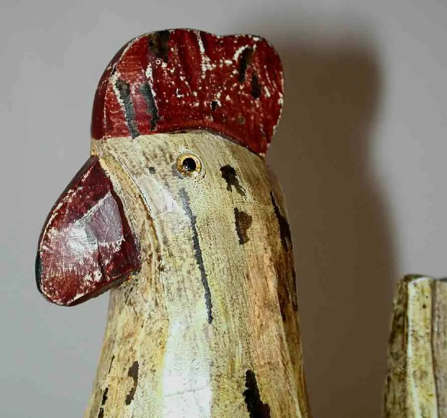 Vintage Hand Carved Polychrome Painted Wooden Primitive Standing Rooster Glass Eyes and Antiqued Surface Unknown Maker