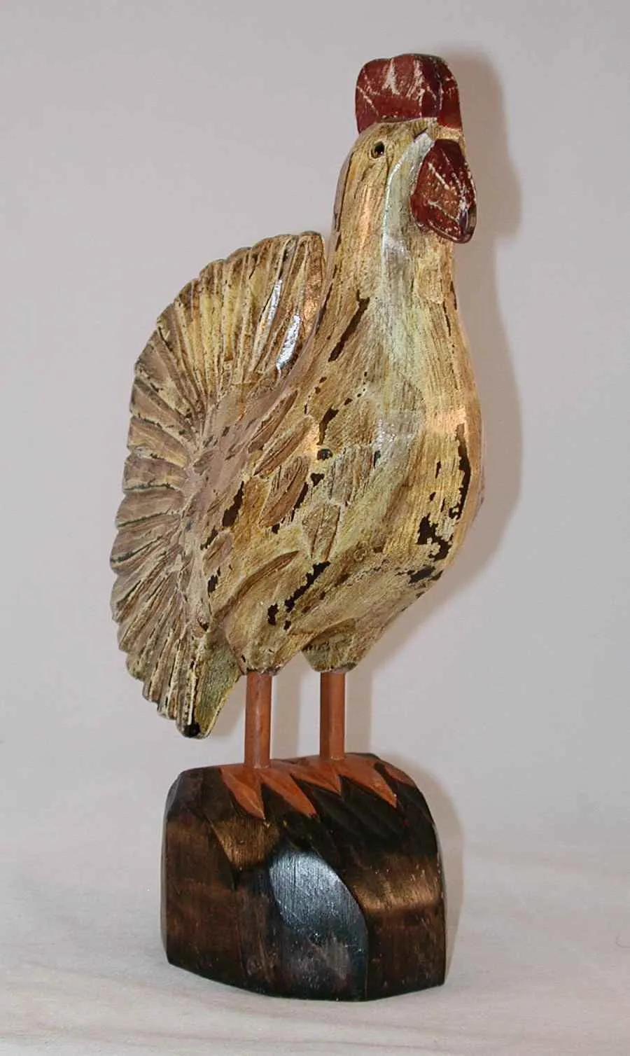 Vintage Hand Carved Polychrome Painted Wooden Primitive Standing Rooster Glass Eyes and Antiqued Surface Unknown Maker