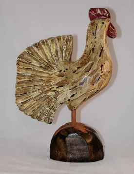Vintage Hand Carved Polychrome Painted Wooden Primitive Standing Rooster Glass Eyes and Antiqued Surface Unknown Maker
