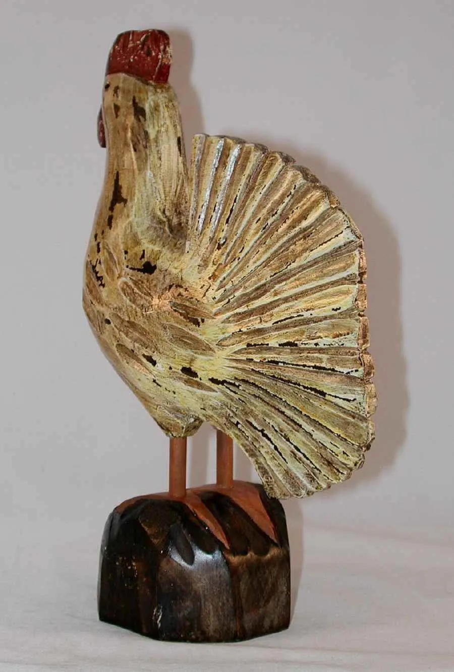 Vintage Hand Carved Polychrome Painted Wooden Primitive Standing Rooster Glass Eyes and Antiqued Surface Unknown Maker
