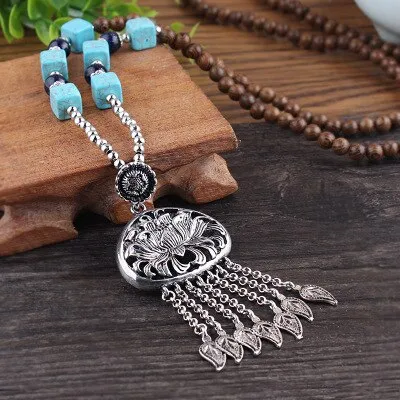 Vintage Nepal Long Buddhist Mala Wood Beaded Pendant & Necklace Ethnic Bohemian Boho Buddha Lucky Jewelry for Women Men