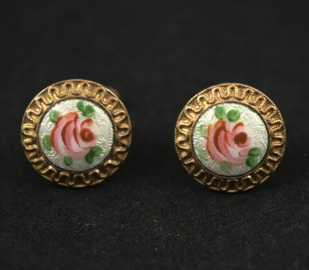 Vintage Rose Enamel Pin & Earring Set