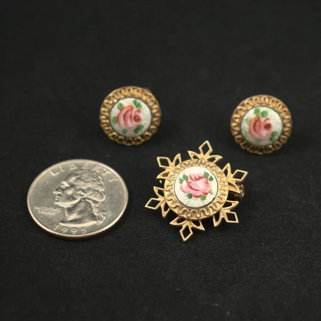Vintage Rose Enamel Pin & Earring Set
