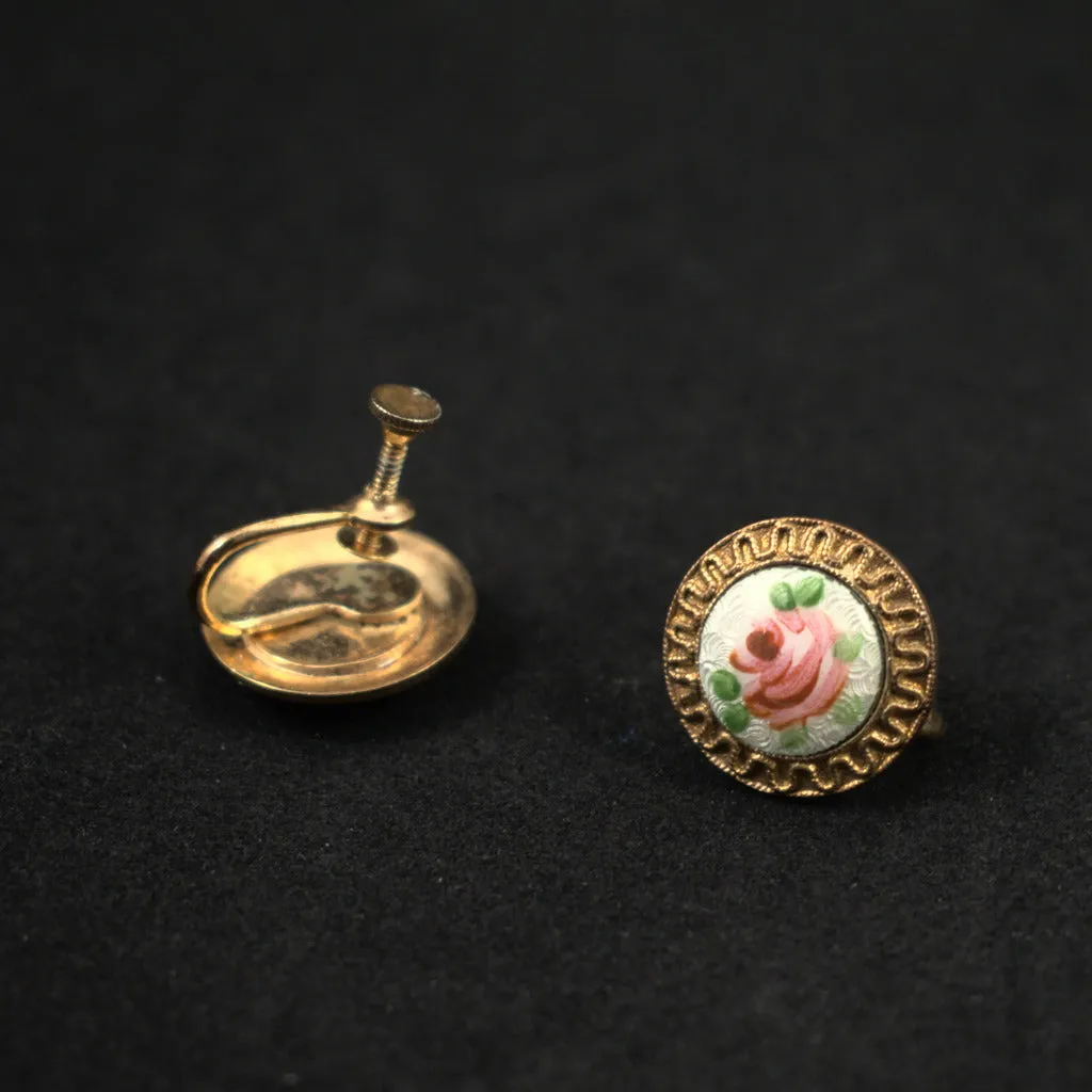 Vintage Rose Enamel Pin & Earring Set