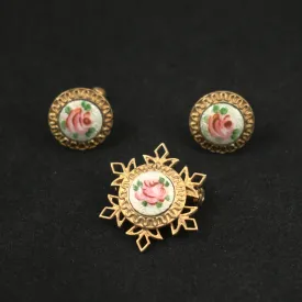 Vintage Rose Enamel Pin & Earring Set