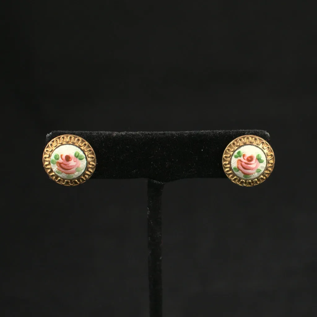 Vintage Rose Enamel Pin & Earring Set