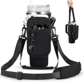 Water Bottle Carrier Bag with Phone Pocket for Stanley 40 & 30 oz Tumbler with Handle,Pink Insulated Neoprene Cup Holder Pouch w/Adjustable Strap for Quencher H2.0 Stanley Cup Accessories