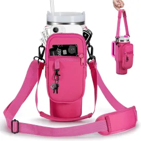 Water Bottle Carrier Bag with Phone Pocket for Stanley 40 & 30 oz Tumbler with Handle,Pink Insulated Neoprene Cup Holder Pouch w/Adjustable Strap for Quencher H2.0 Stanley Cup Accessories