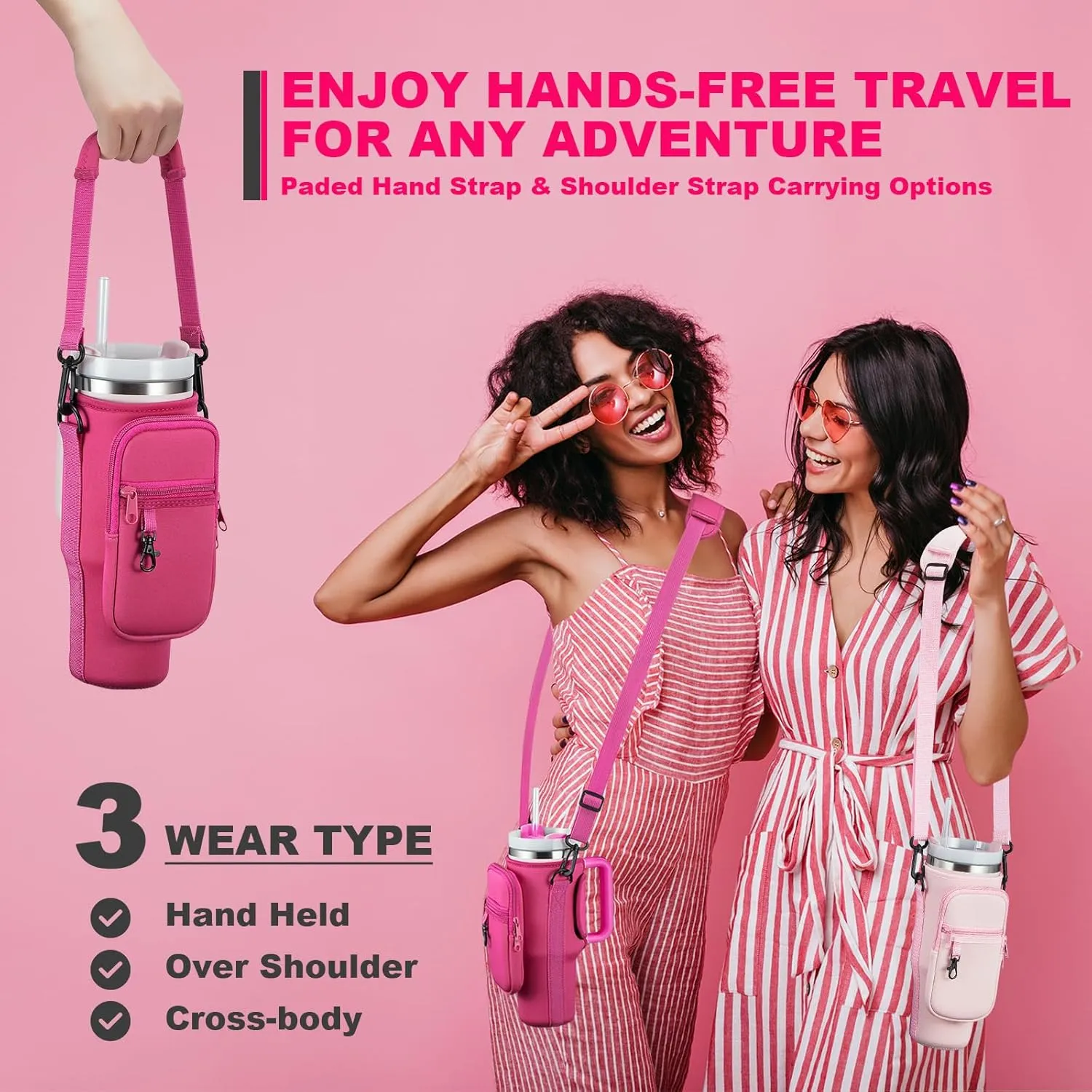 Water Bottle Carrier Bag with Phone Pocket for Stanley 40 & 30 oz Tumbler with Handle,Pink Insulated Neoprene Cup Holder Pouch w/Adjustable Strap for Quencher H2.0 Stanley Cup Accessories