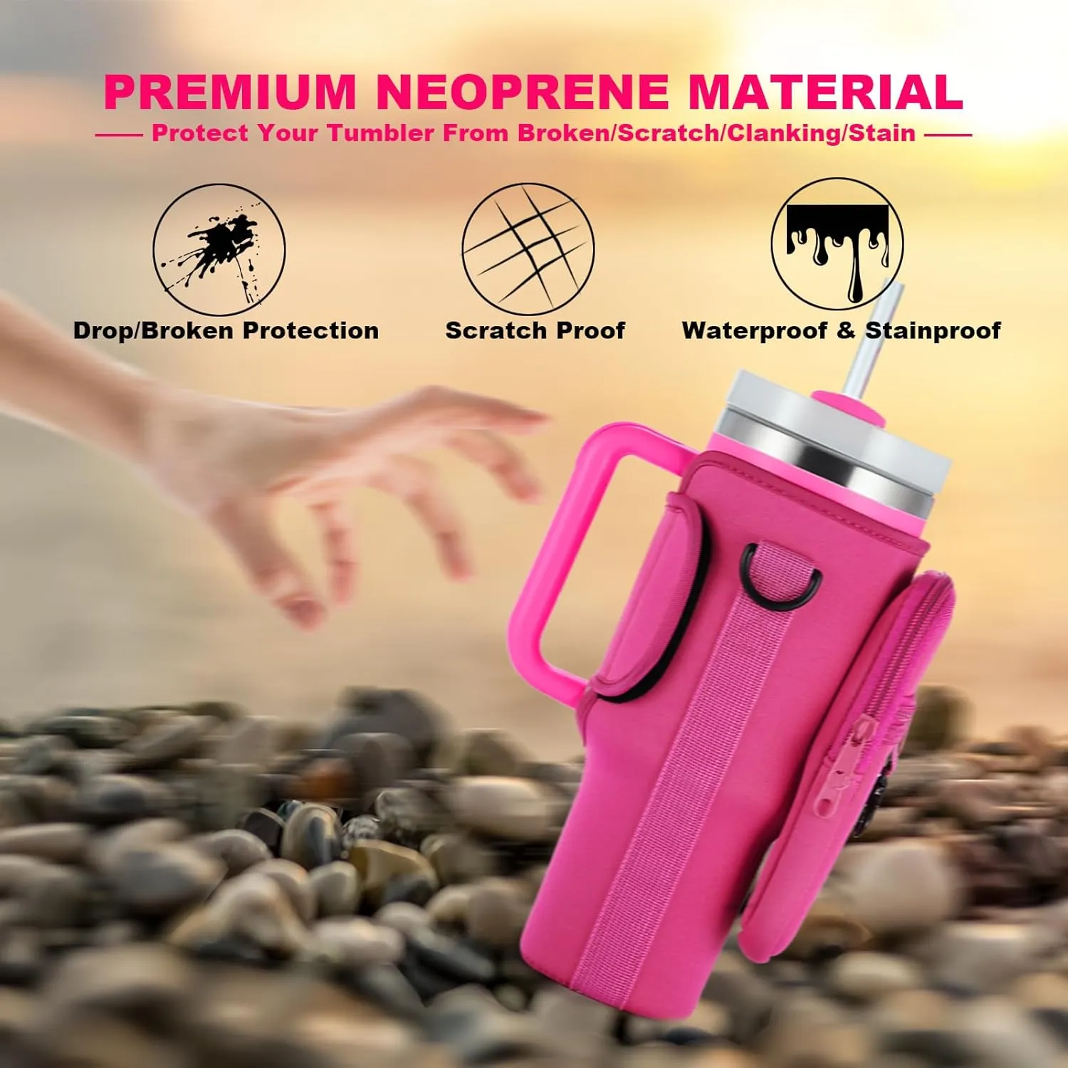 Water Bottle Carrier Bag with Phone Pocket for Stanley 40 & 30 oz Tumbler with Handle,Pink Insulated Neoprene Cup Holder Pouch w/Adjustable Strap for Quencher H2.0 Stanley Cup Accessories