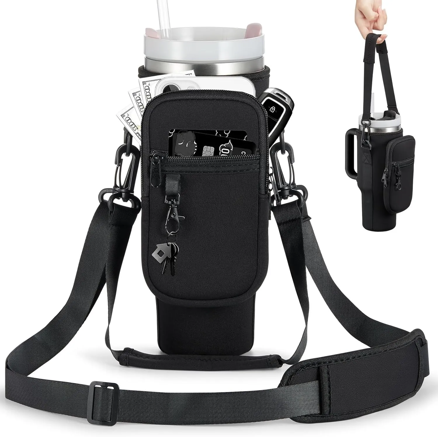 Water Bottle Carrier Bag with Phone Pocket for Stanley 40 & 30 oz Tumbler with Handle,Pink Insulated Neoprene Cup Holder Pouch w/Adjustable Strap for Quencher H2.0 Stanley Cup Accessories