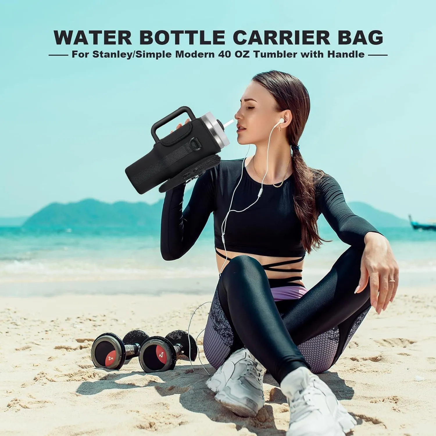 Water Bottle Carrier Bag with Phone Pocket for Stanley 40 & 30 oz Tumbler with Handle,Pink Insulated Neoprene Cup Holder Pouch w/Adjustable Strap for Quencher H2.0 Stanley Cup Accessories