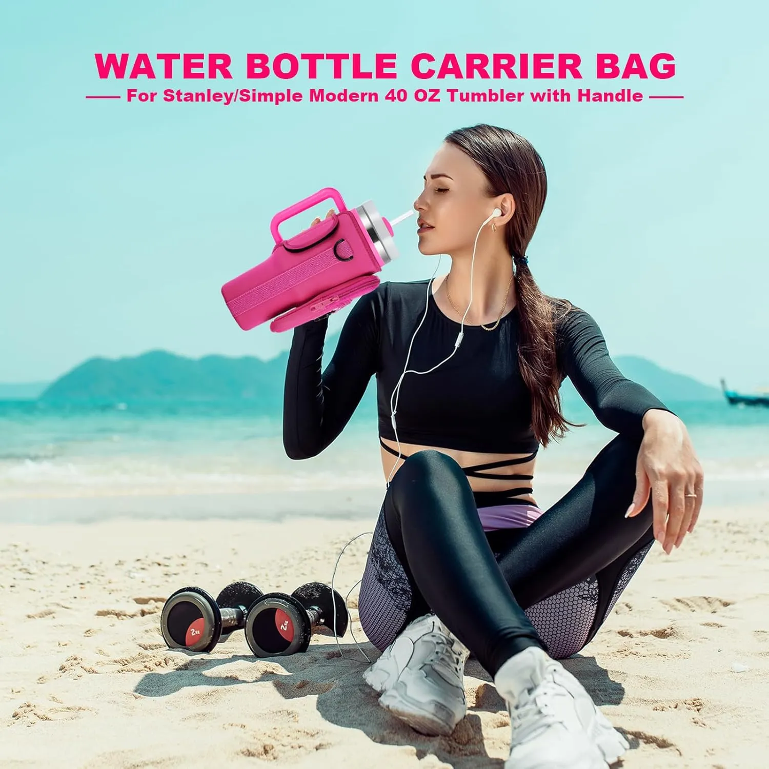 Water Bottle Carrier Bag with Phone Pocket for Stanley 40 & 30 oz Tumbler with Handle,Pink Insulated Neoprene Cup Holder Pouch w/Adjustable Strap for Quencher H2.0 Stanley Cup Accessories