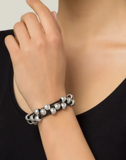 Web Black Leather & Metal Bracelet
