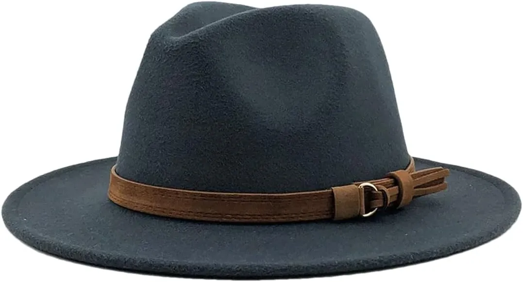 Women Men Fedora Hat with Leather Ribbon Gentleman Wide Brim Jazz Church Panama Sombrero Cap deep gray9 56-58CM