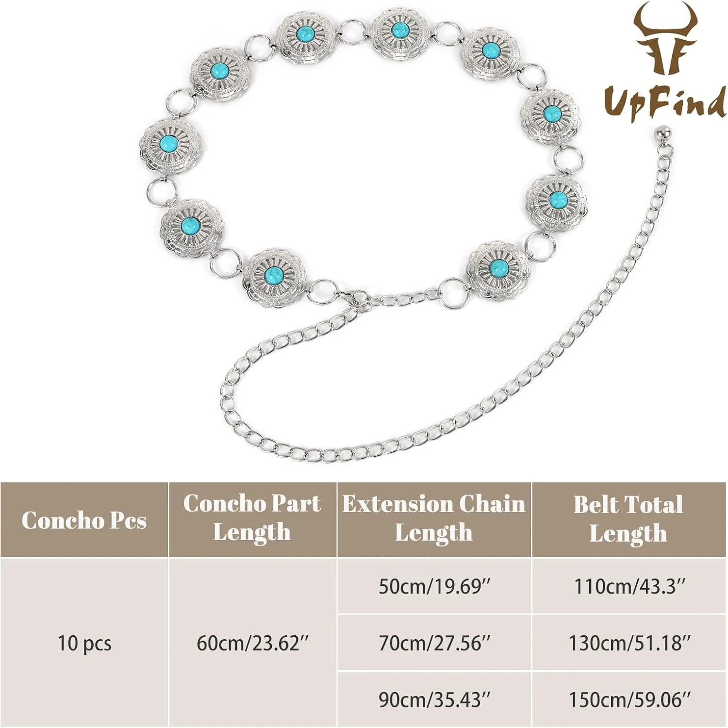 Women Western Metal Chain Belt Concho Belt Cowgirl Waist Link for Jeans Dresses Concert Boho