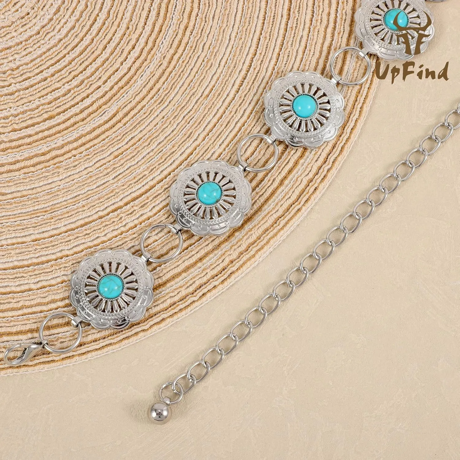 Women Western Metal Chain Belt Concho Belt Cowgirl Waist Link for Jeans Dresses Concert Boho