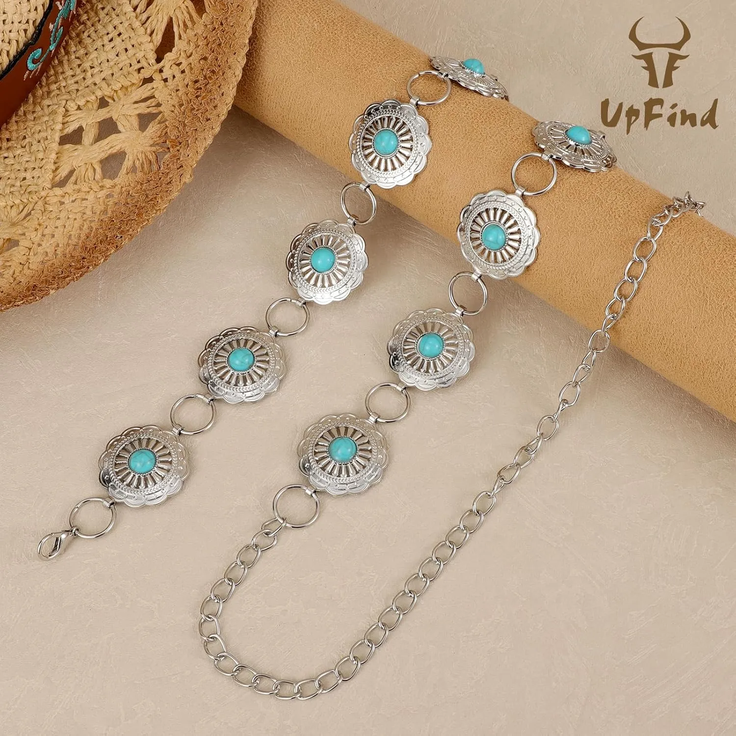 Women Western Metal Chain Belt Concho Belt Cowgirl Waist Link for Jeans Dresses Concert Boho
