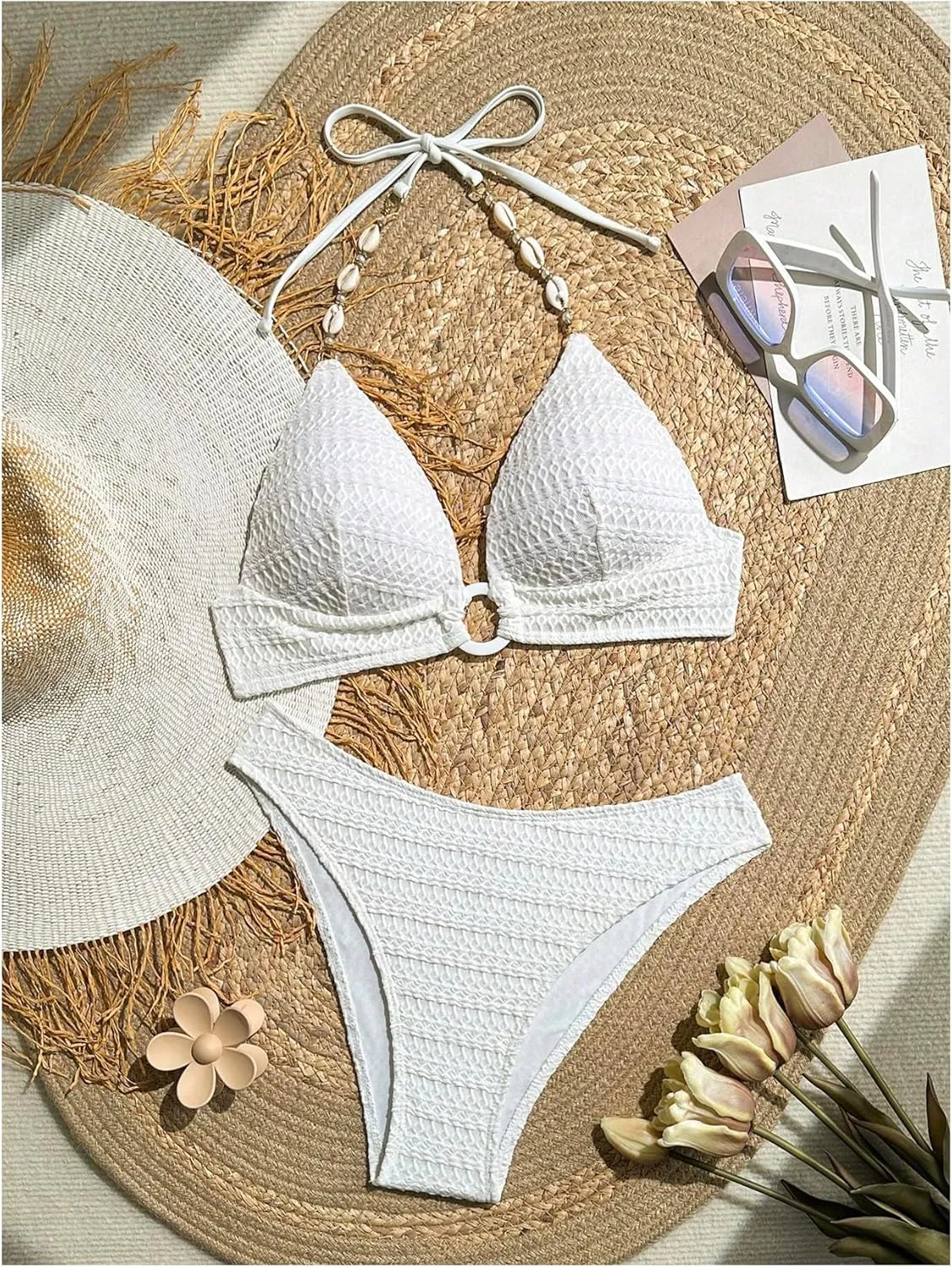 Women's 2 Piece Swimsuit Set Shell Ring Linked Push Up Bikini Textured Halter Bathing Suit
