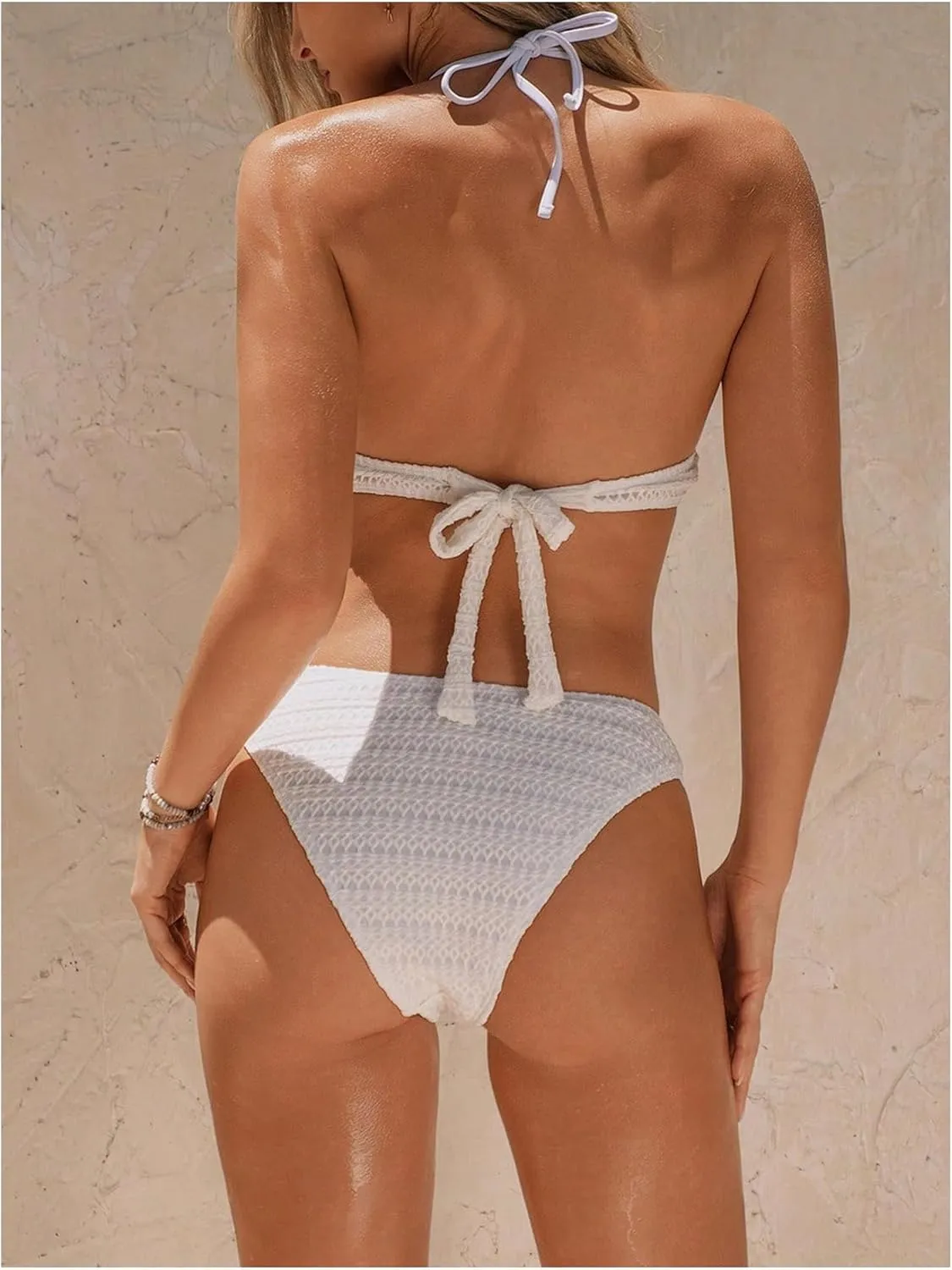Women's 2 Piece Swimsuit Set Shell Ring Linked Push Up Bikini Textured Halter Bathing Suit