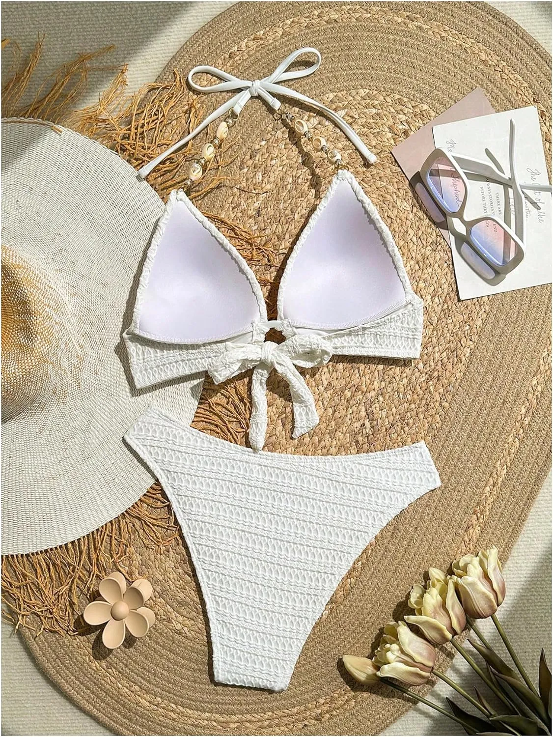 Women's 2 Piece Swimsuit Set Shell Ring Linked Push Up Bikini Textured Halter Bathing Suit