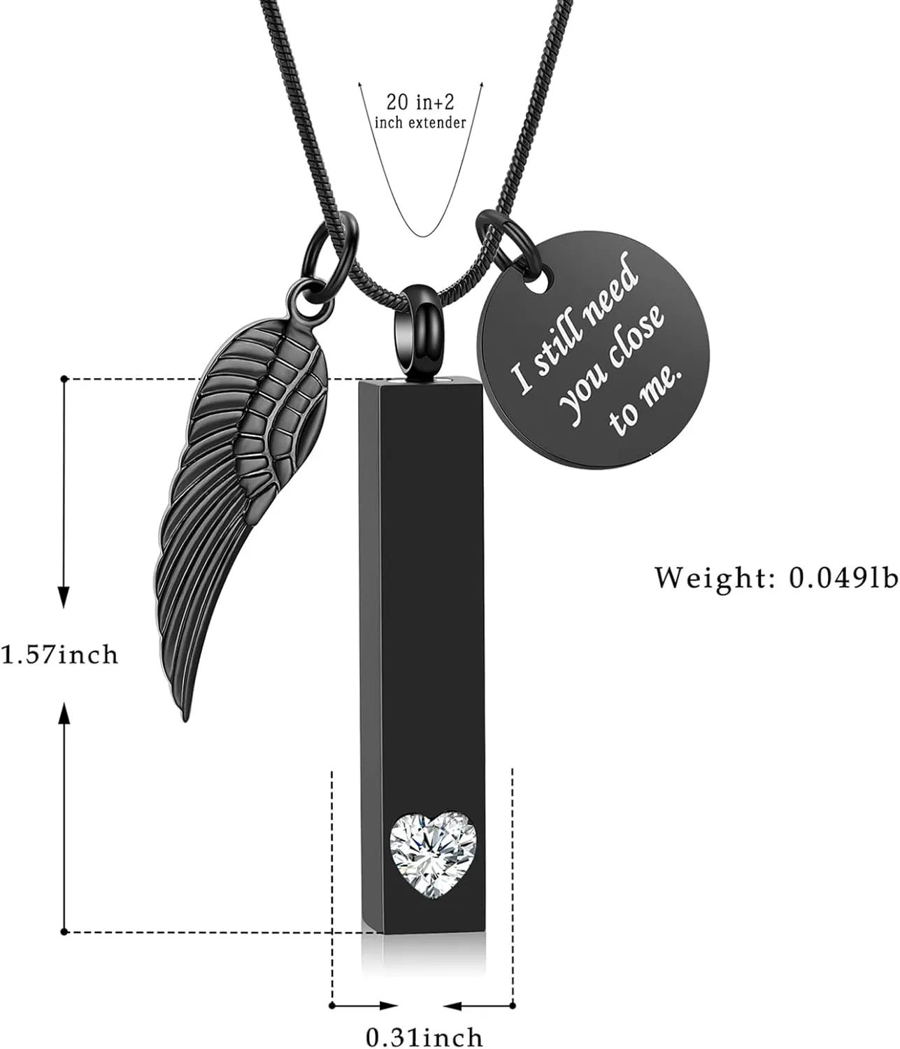zeqingjw Cremation Jewelry for Ashes for Men Women with Angel Wing Charm Vertical Bar Urn Necklaces for Ashes Keepsake Loved Ones Memorial Vial Pendant